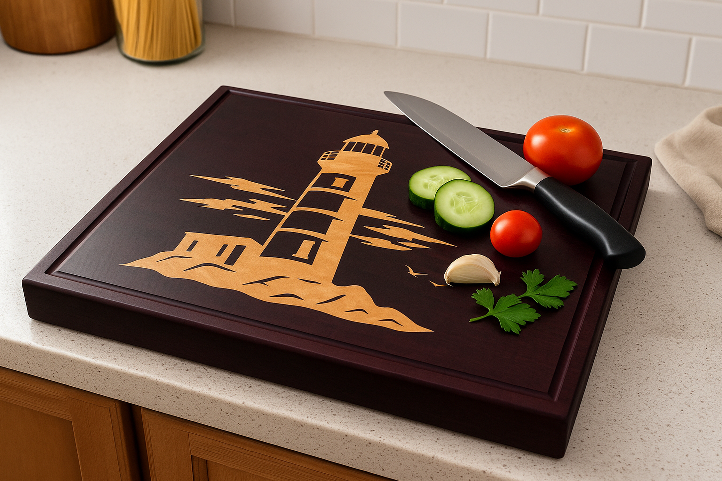 Purpleheart End Grain Cutting Board with Maple Lighthouse