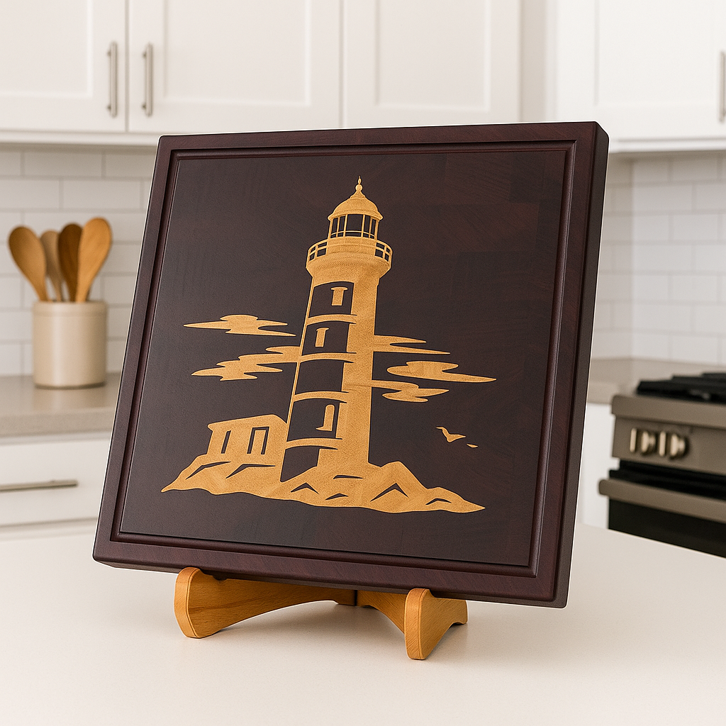 Purpleheart End Grain Cutting Board with Maple Lighthouse
