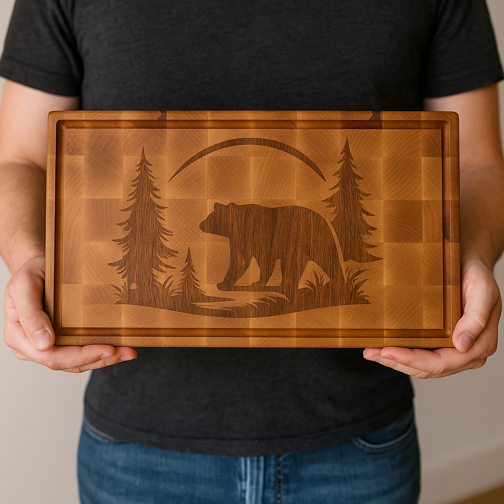 Rustic Inlay Series Maple Cutting Board with Sapele Bear & Forest Design