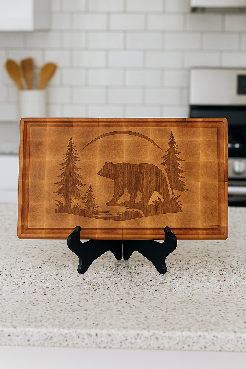 Rustic Inlay Series Maple Cutting Board with Sapele Bear & Forest Design