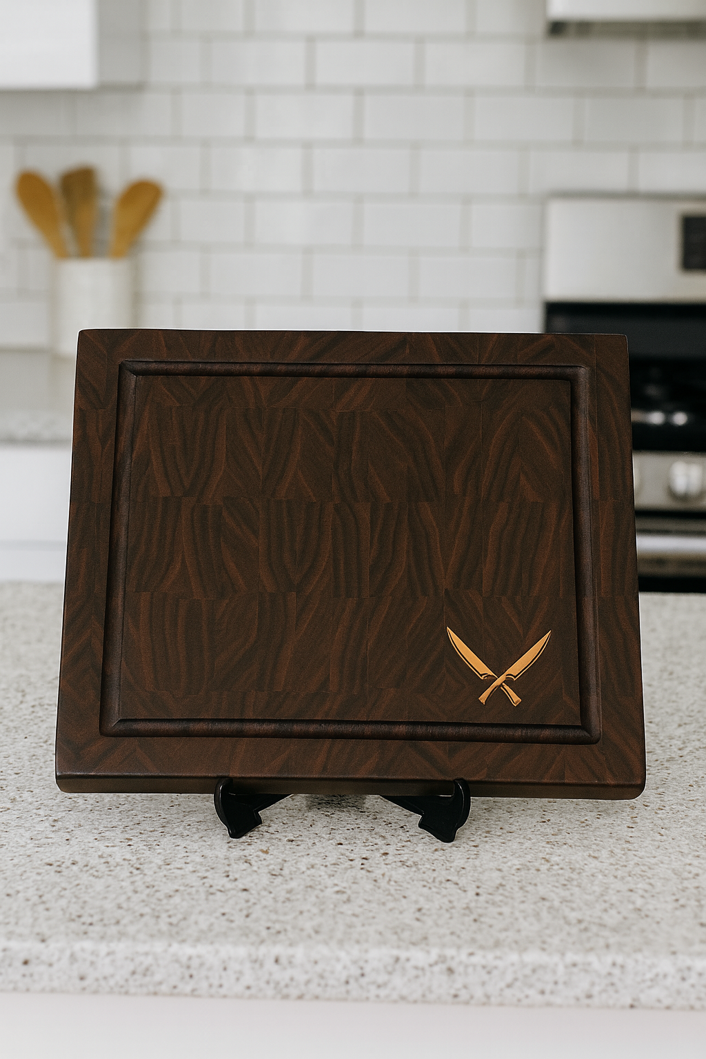 Everyday Walnut Cutting Board with Crossed Knives Inlay