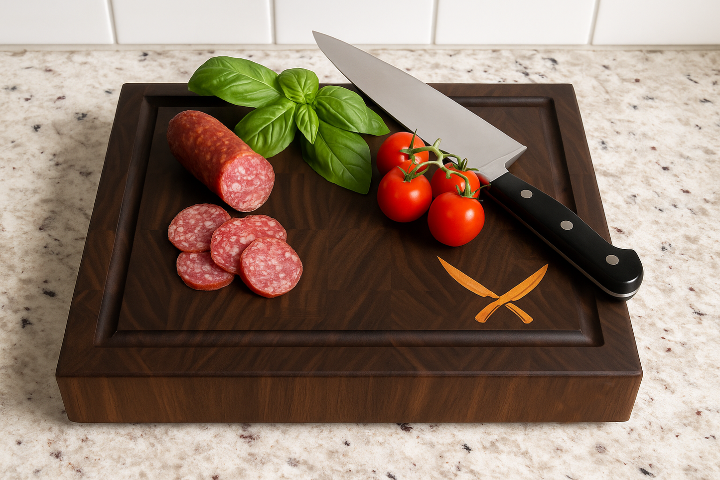 Everyday Walnut Cutting Board with Crossed Knives Inlay