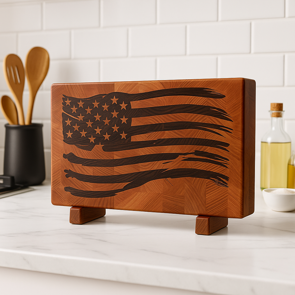 Tattered Glory Inlay End Grain Cutting Board – Maple with Walnut Flag