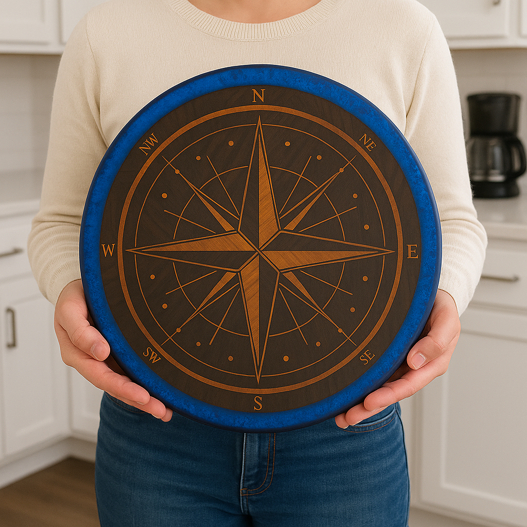 Round Cutting Board with Compass Inlay and Blue Epoxy Edge