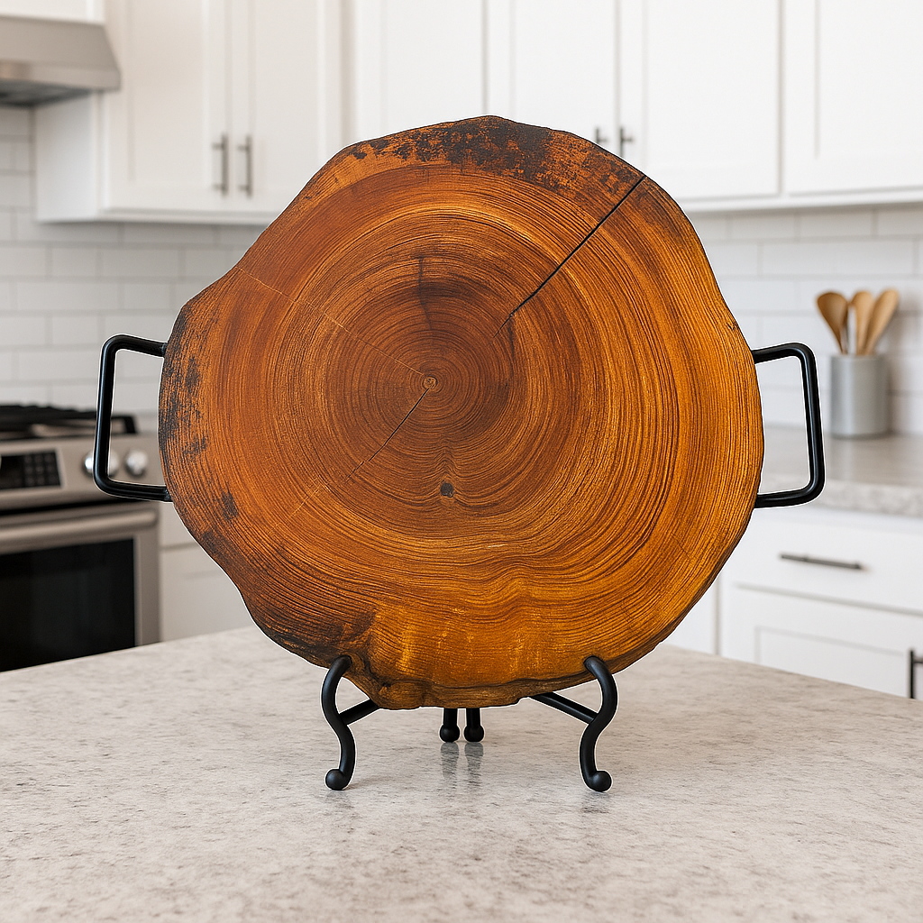 Solid Ash Live Edge Round Charcuterie Board – 22” with Epoxy Fill, Rubber Feet & Serving Handles