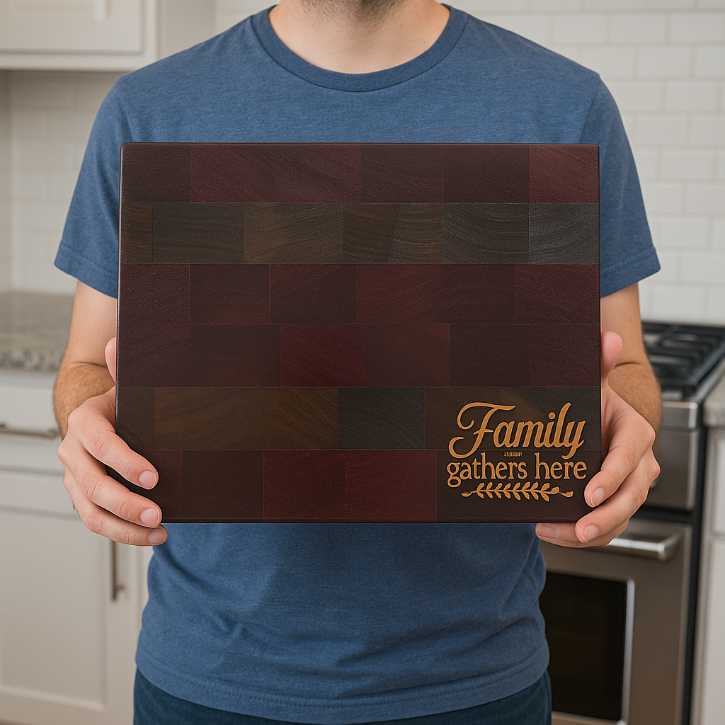 Striped Purple Heart & Walnut Cutting Board with Maple “Family Gathers Here” Inlay