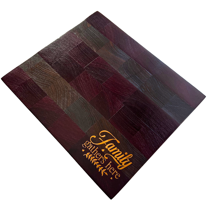 Striped Purple Heart & Walnut Cutting Board with Maple “Family Gathers Here” Inlay