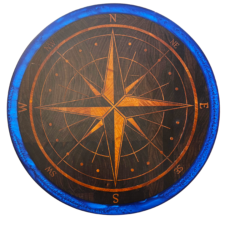 Round Cutting Board with Compass Inlay and Blue Epoxy Edge