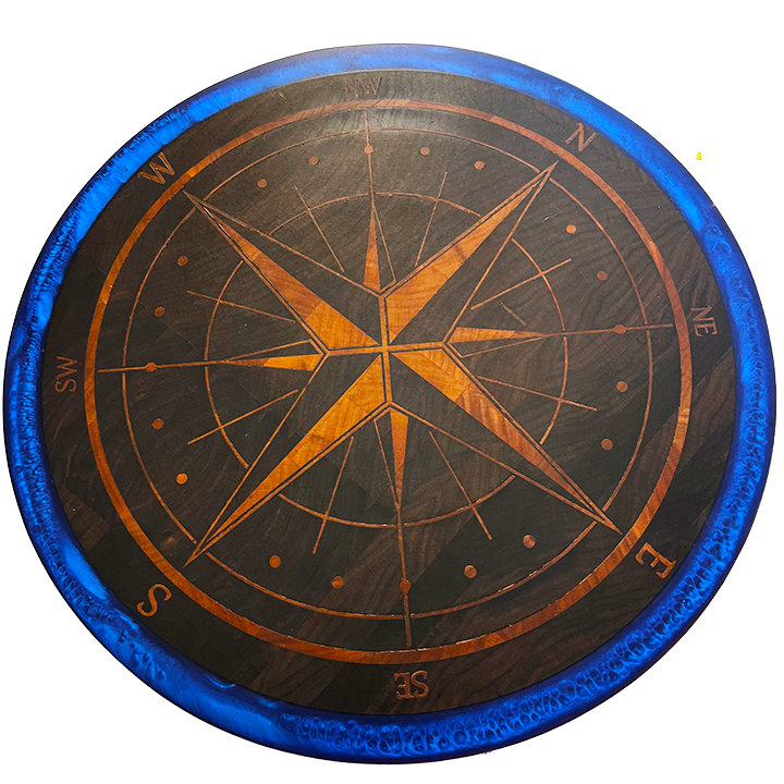 Round Cutting Board with Compass Inlay and Blue Epoxy Edge