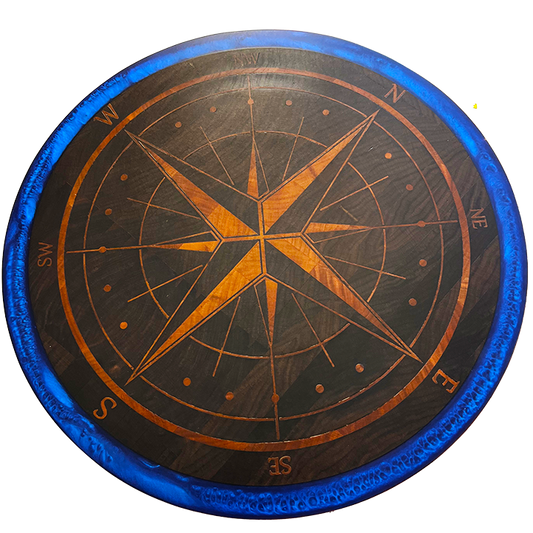 Round Cutting Board with Compass Inlay and Blue Epoxy Edge