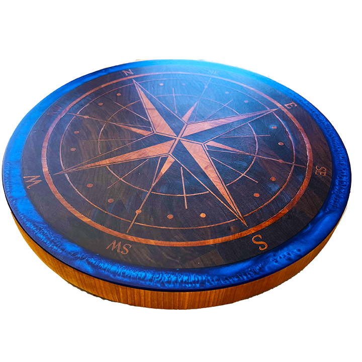 Round Cutting Board with Compass Inlay and Blue Epoxy Edge