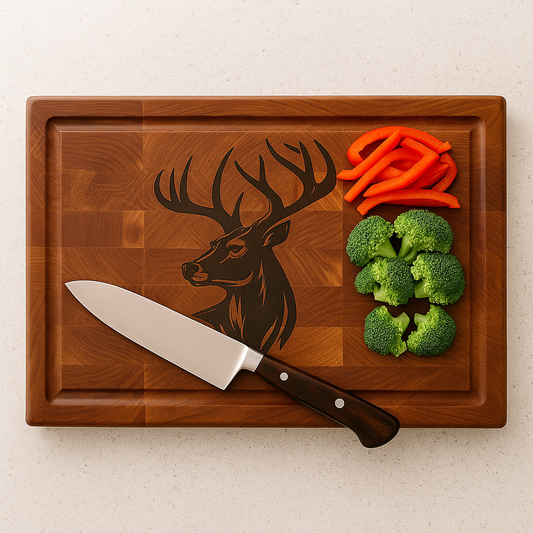 The Sentinel Sovereign – Maple End Grain Cutting Board with Deer Inlay