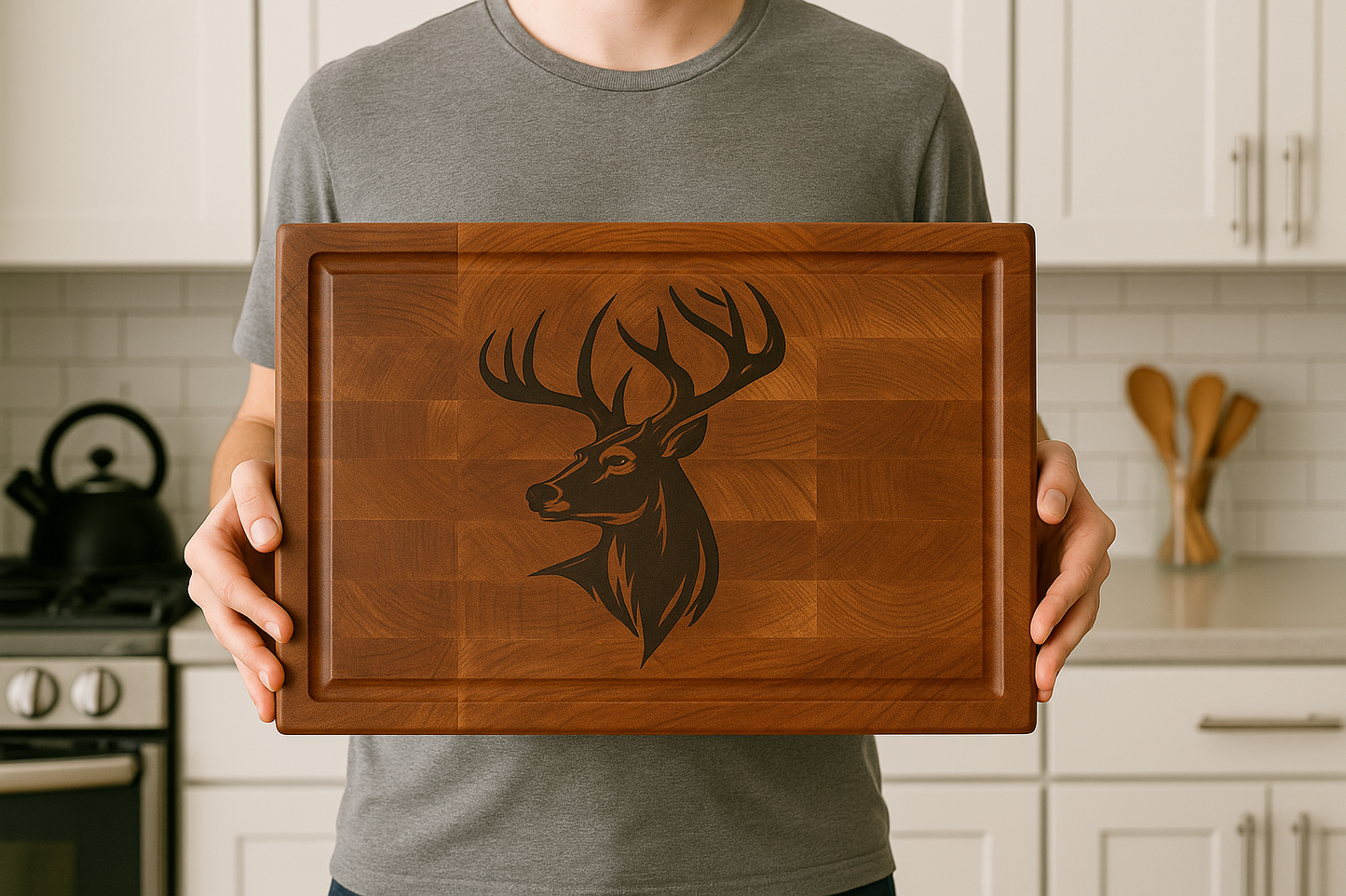 Maple End Grain Cutting Board with Walnut Deer Inlay