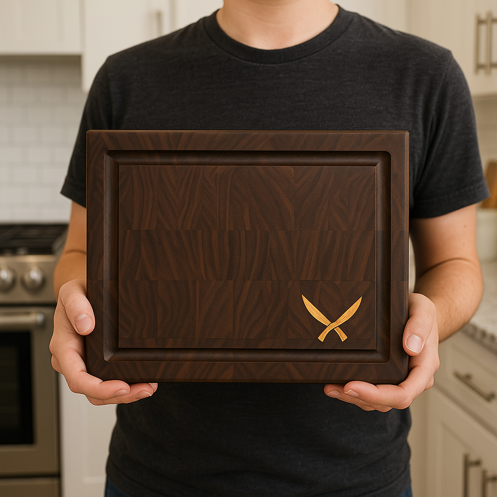 Everyday Walnut Cutting Board with Crossed Knives Inlay