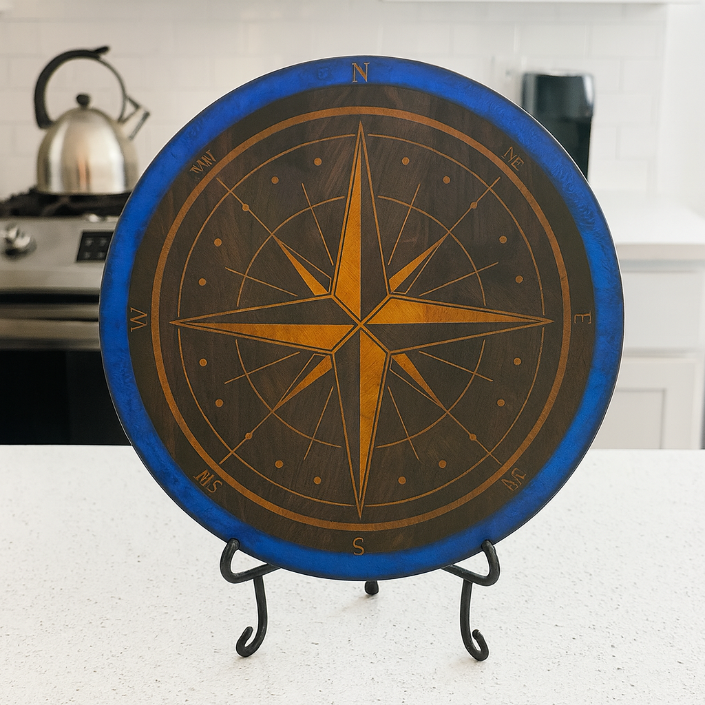 Round Cutting Board with Compass Inlay and Blue Epoxy Edge
