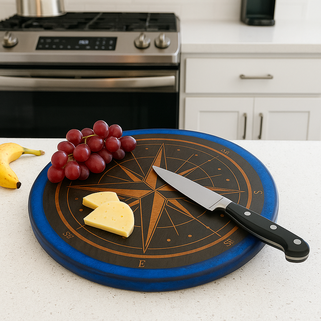 Round Cutting Board with Compass Inlay and Blue Epoxy Edge