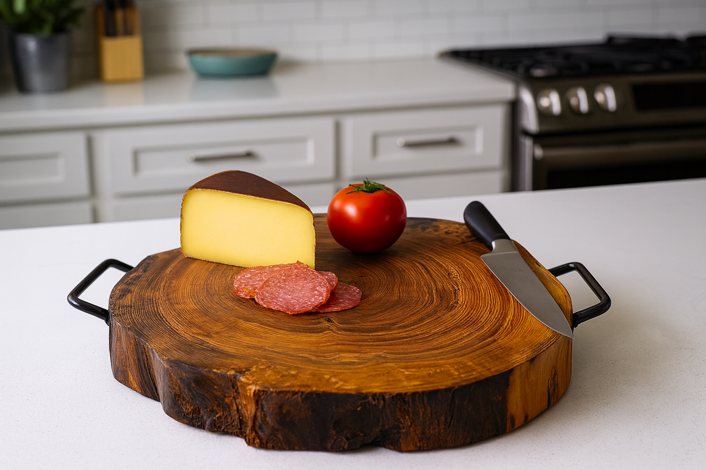 Solid Ash Live Edge Round Charcuterie Board – 22” with Epoxy Fill, Rubber Feet & Serving Handles
