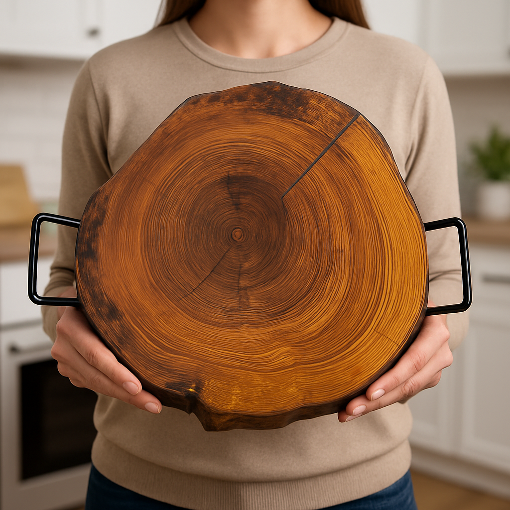 Solid Ash Live Edge Round Charcuterie Board – 22” with Epoxy Fill, Rubber Feet & Serving Handles