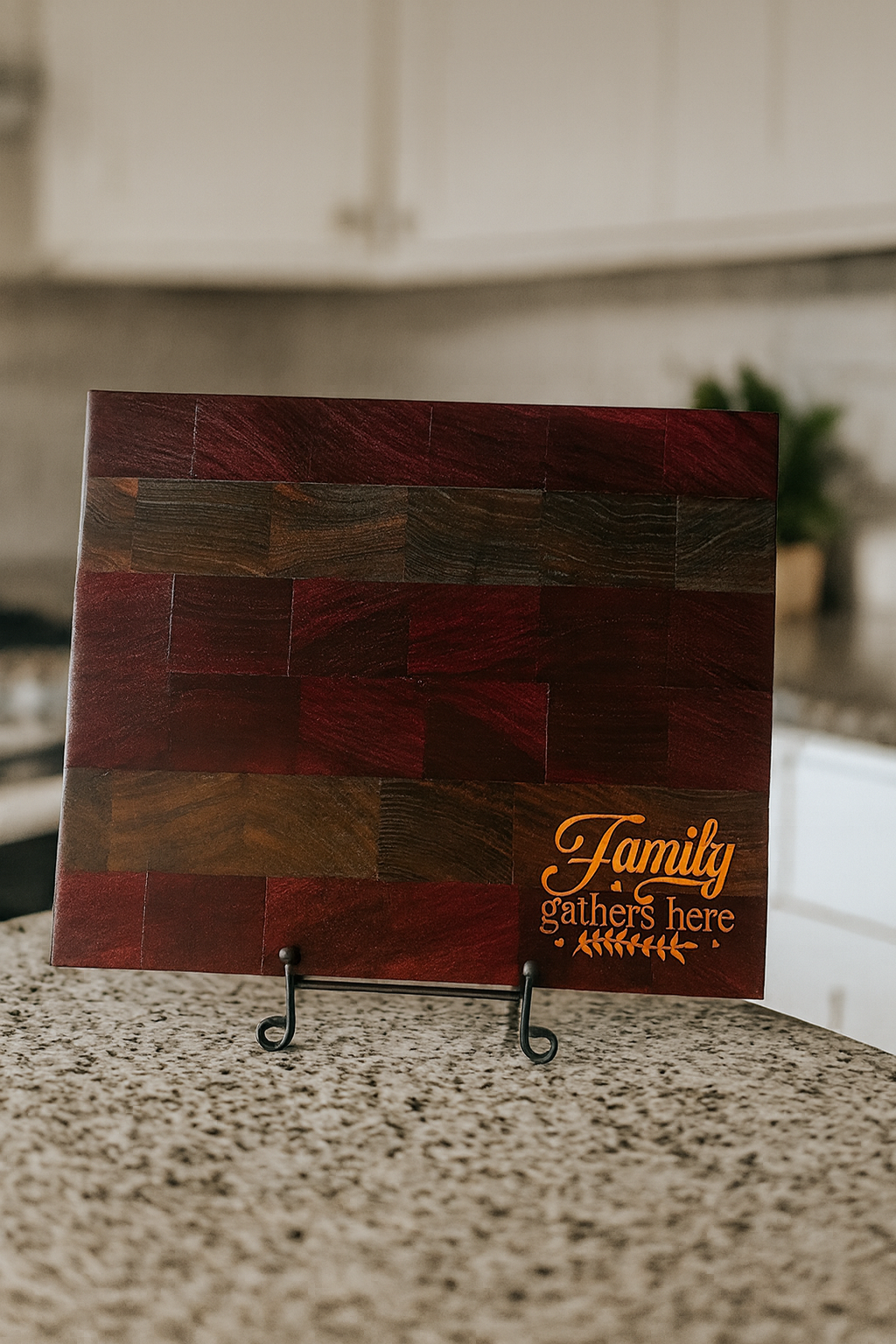 Striped Purple Heart & Walnut Cutting Board with Maple “Family Gathers Here” Inlay