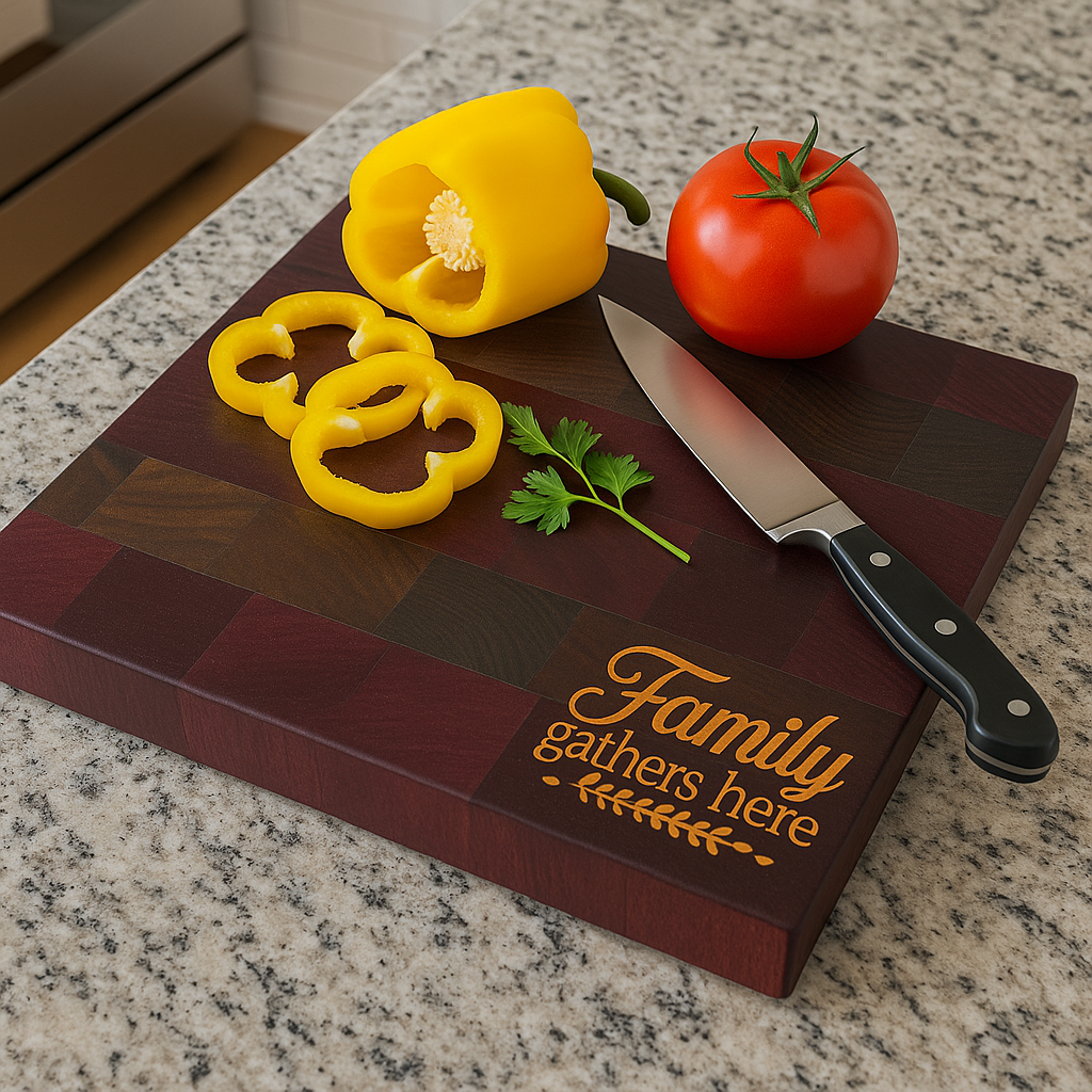Striped Purple Heart & Walnut Cutting Board with Maple “Family Gathers Here” Inlay