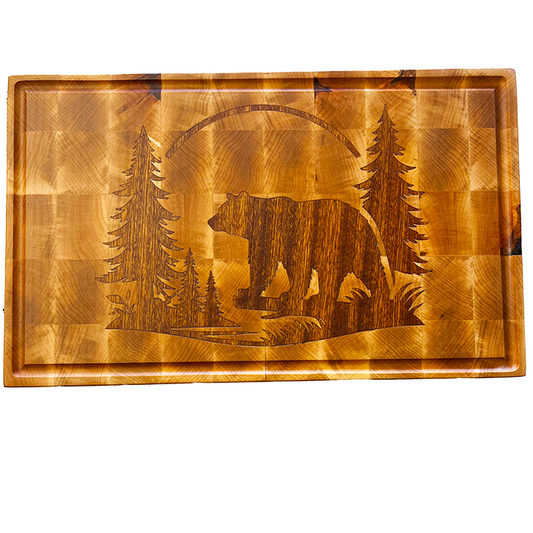 Rustic Inlay Series Maple Cutting Board with Sapele Bear & Forest Design