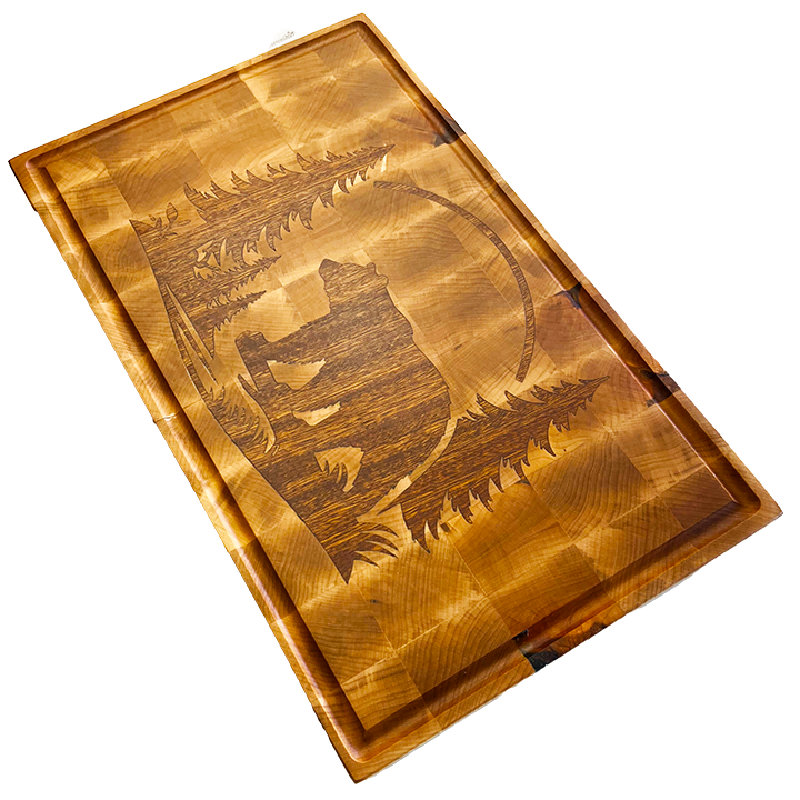 Rustic Inlay Series Maple Cutting Board with Sapele Bear & Forest Design