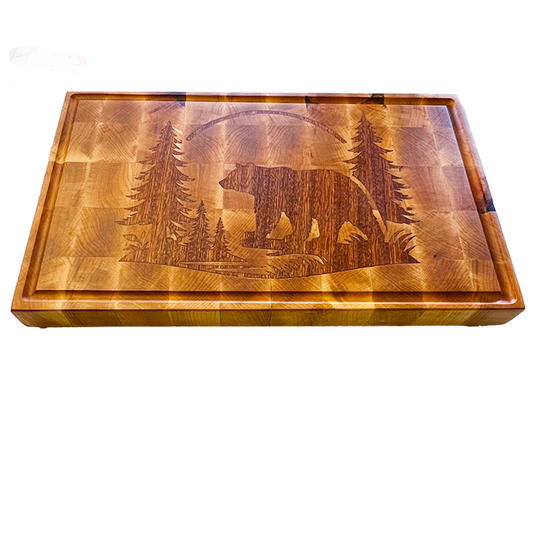 Rustic Inlay Series Maple Cutting Board with Sapele Bear & Forest Design
