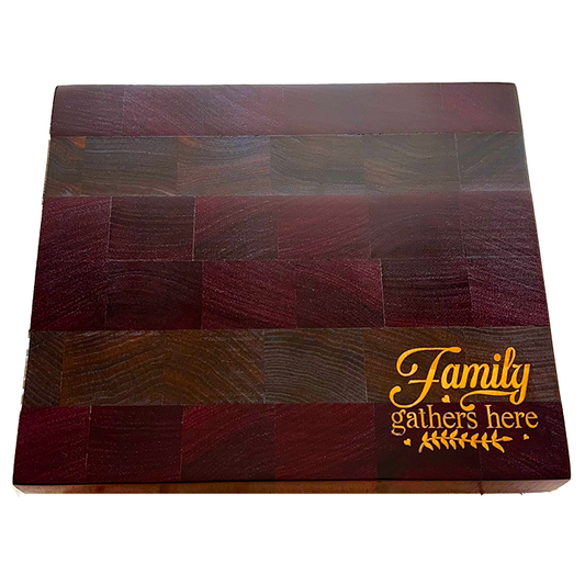 Striped Purple Heart & Walnut Cutting Board with Maple “Family Gathers Here” Inlay