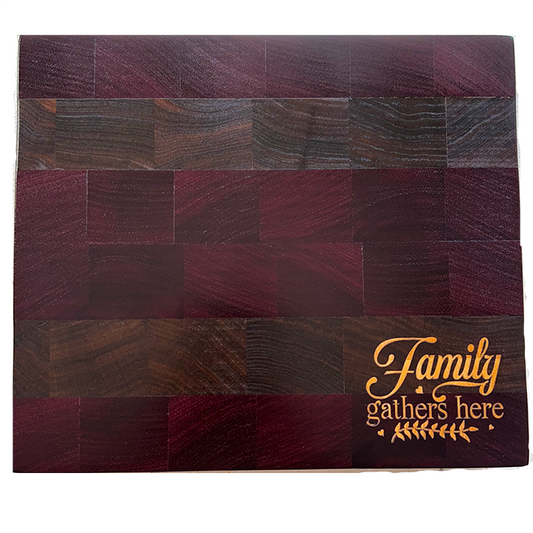 Striped Purple Heart & Walnut Cutting Board with Maple “Family Gathers Here” Inlay