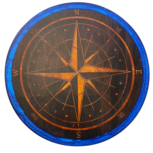 Round Cutting Board with Compass Inlay and Blue Epoxy Edge