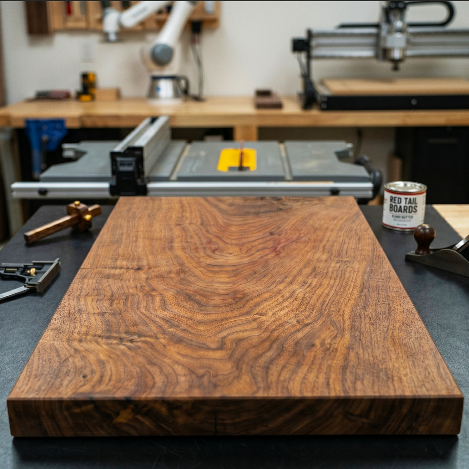 Custom woodworking process featuring raw American black walnut timber on a workbench with food-safe board oil and tools, highlighting the journey of creating a handcrafted heirloom cutting board.