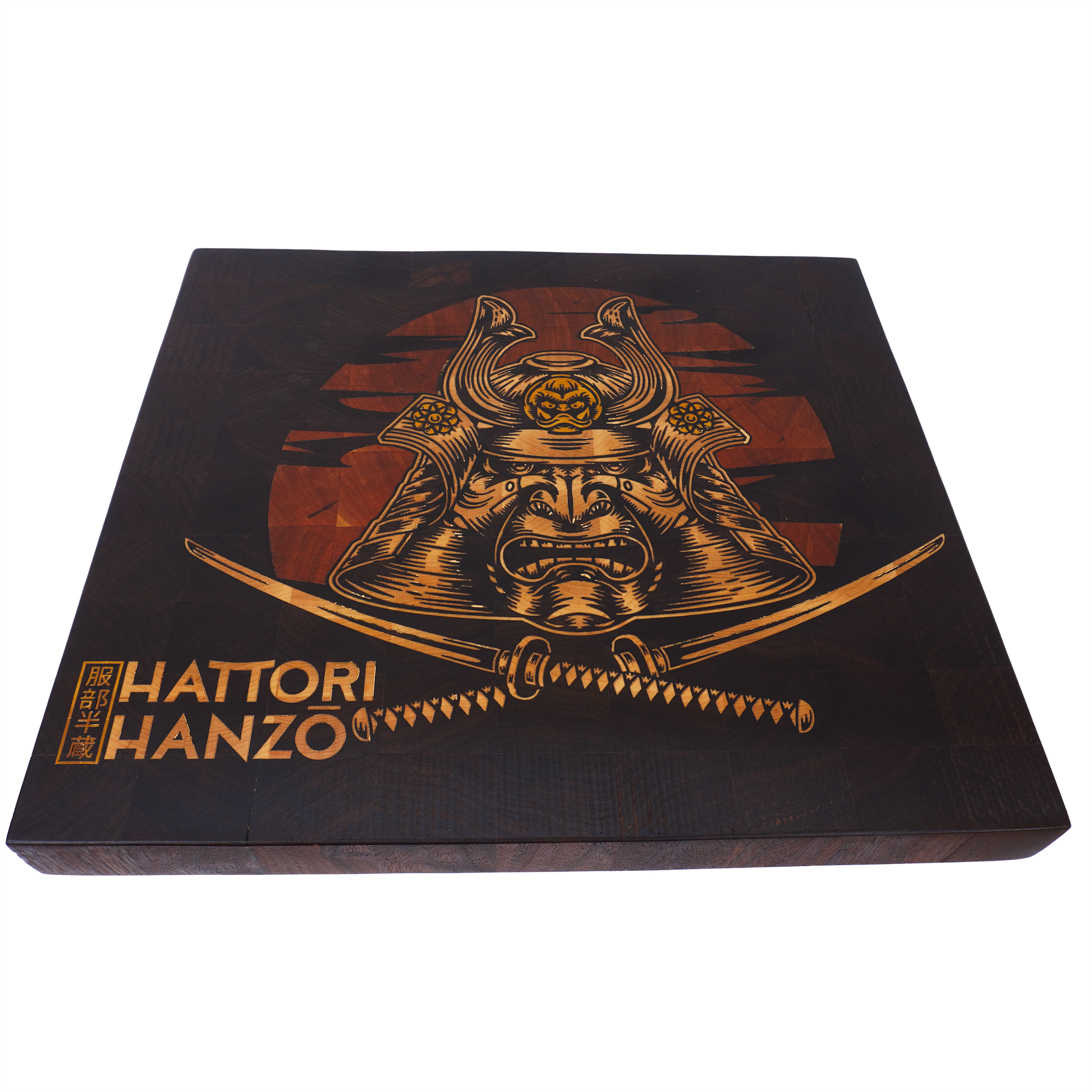 A 45-degree high-angle Hero shot of the Hattori Hanzo end grain cutting board, showcasing the structural integrity of the walnut construction and the zero-gap precision of the custom yellowheart inlay.