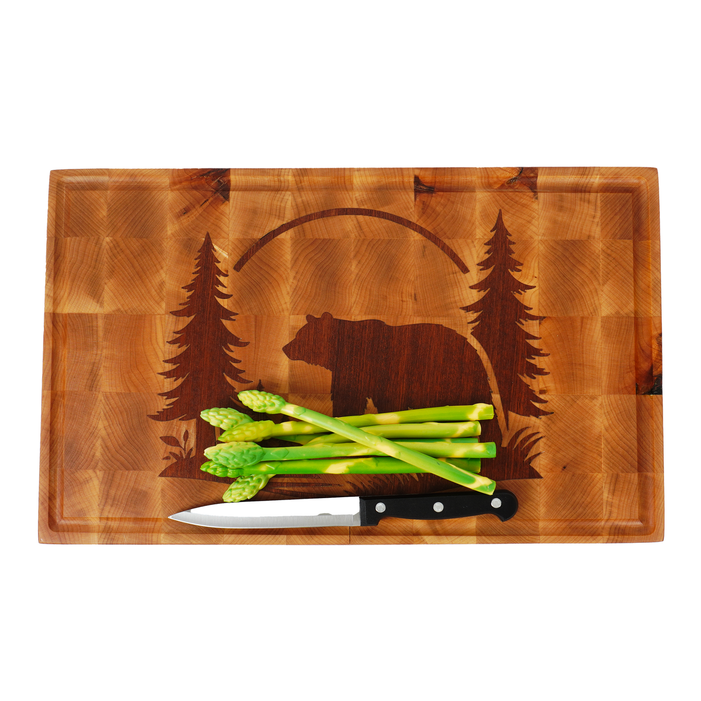 Overhead scale shot of the Kodiak Sovereign featuring fresh asparagus on the 22x16 surface.