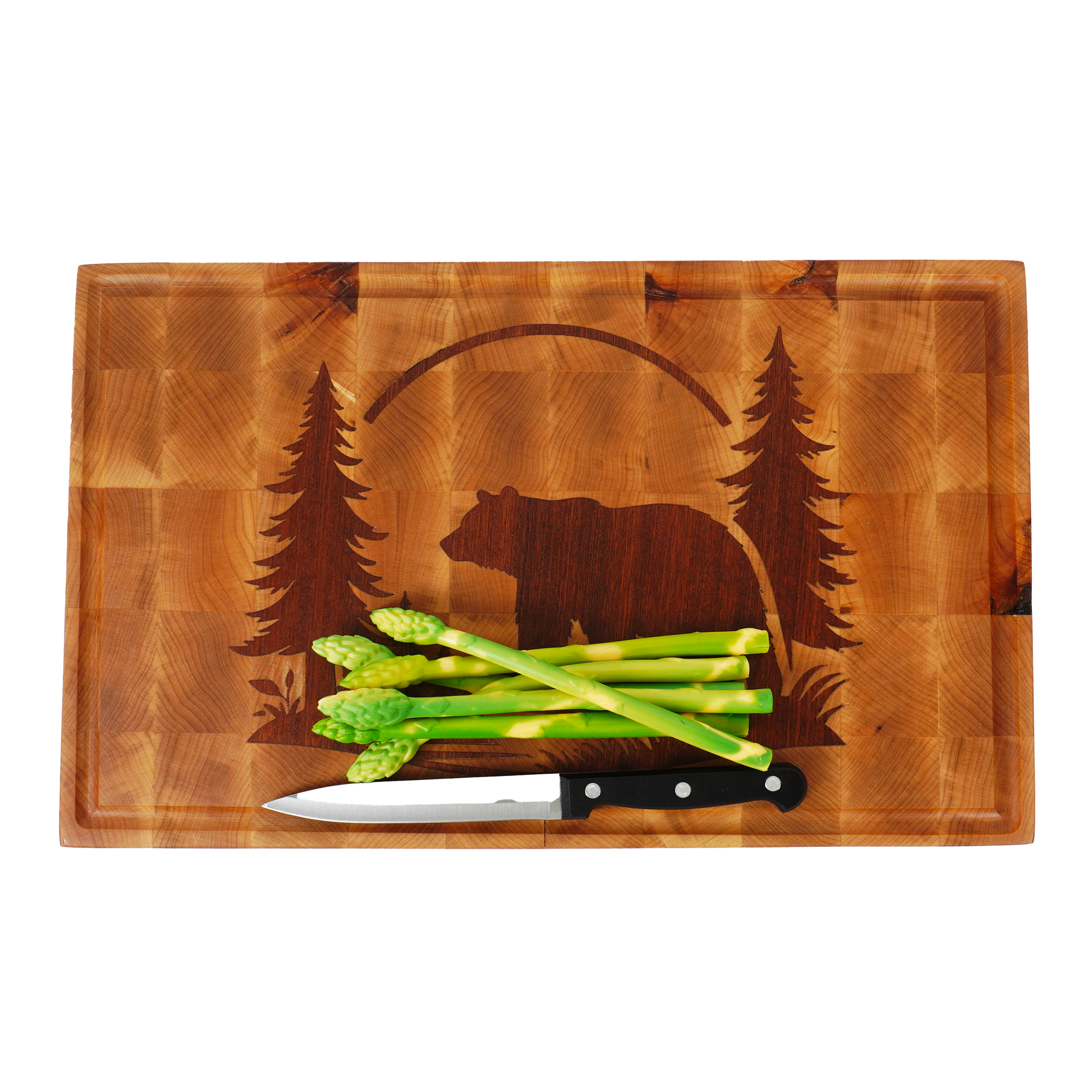 Overhead scale shot of the Kodiak Sovereign featuring fresh asparagus on the 22x16 surface.