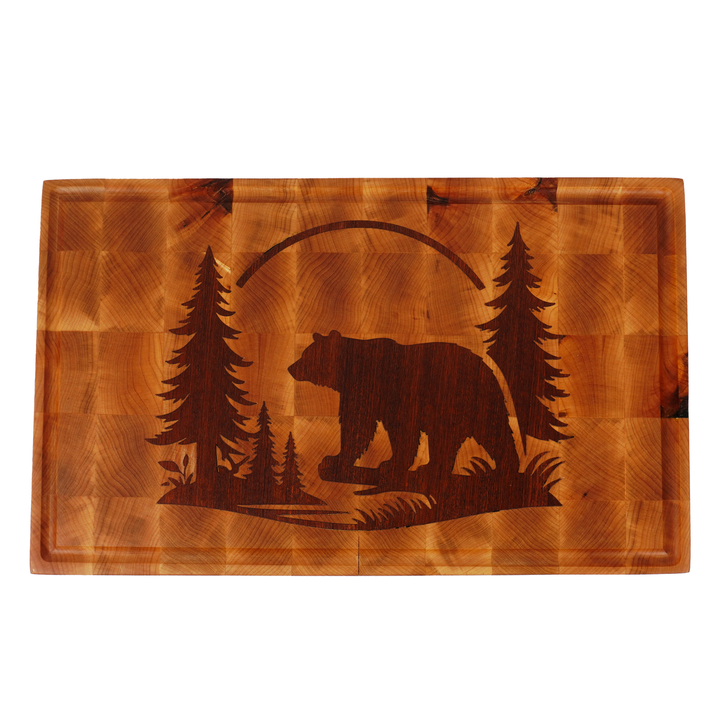 Overhead view of the Kodiak Sovereign maple end grain board with a walnut bear inlay.