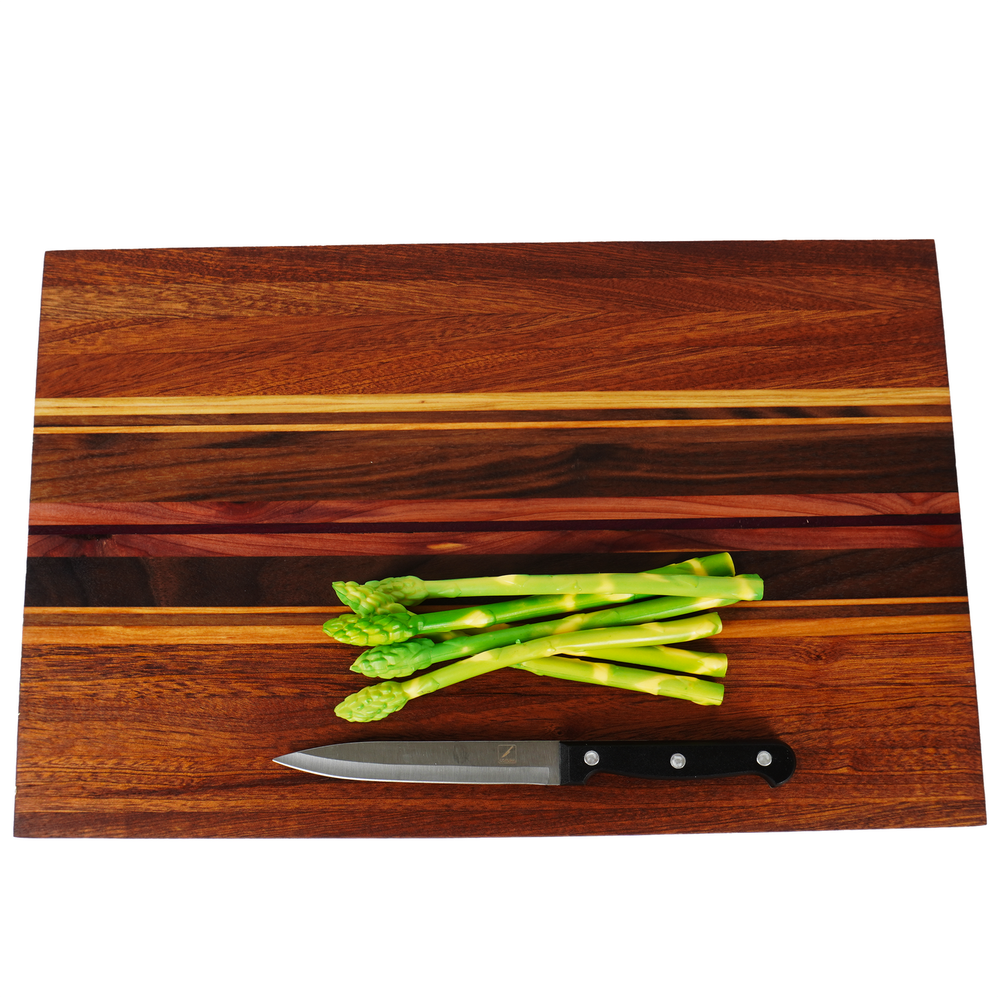 Flat lay view of the Archive Collage 001 from our limited edition collection, featuring a bundle of fresh asparagus and a medium knife to highlight the artisanal assembly of these reclaimed wood planks.
