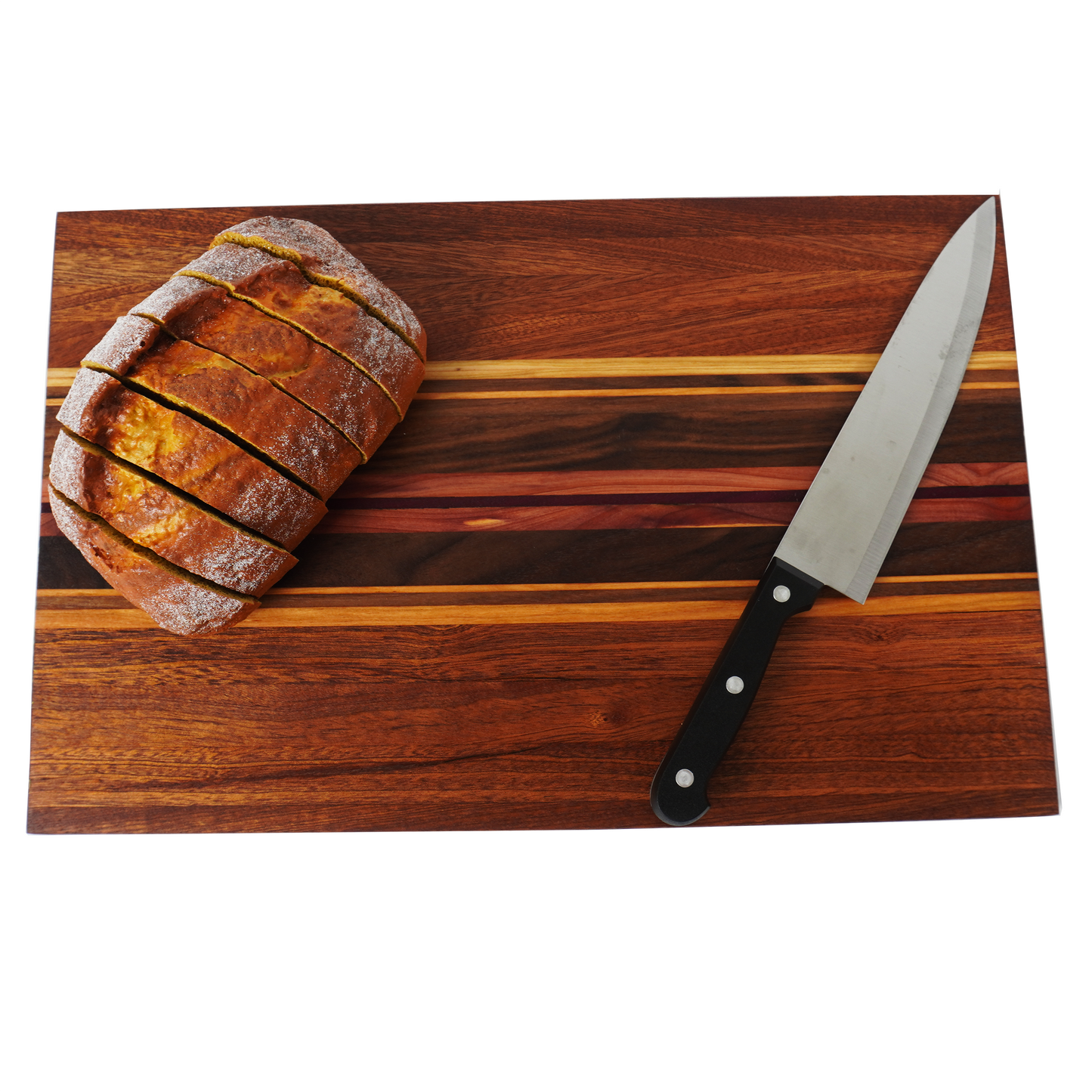Flat lay top-down view of the Archive Collage 001 from our limited edition collection, featuring a crusty loaf of bread and large knife to demonstrate the functional scale of these reclaimed wood planks.
