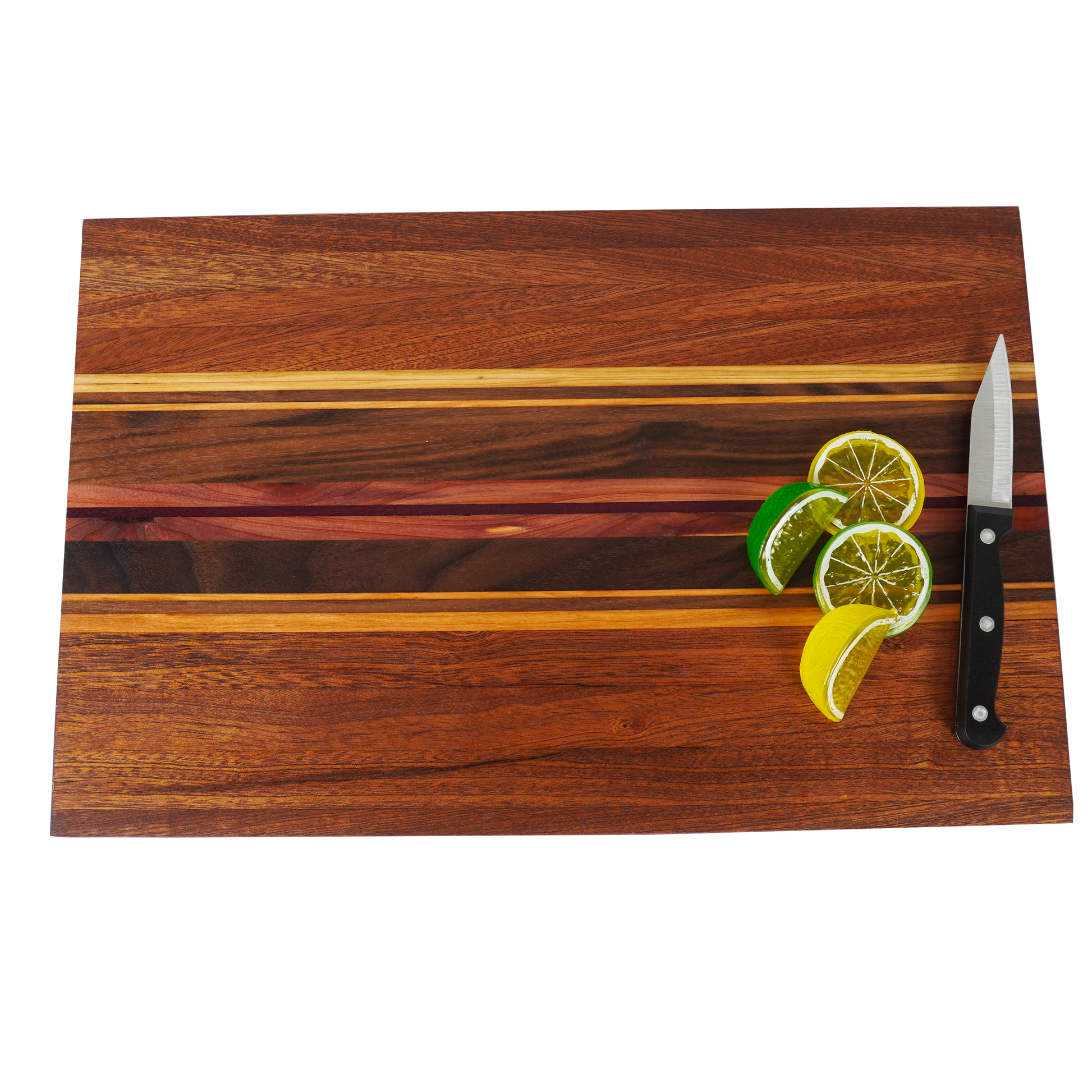 Flat lay view of the Archive Collage 001 from our limited edition collection, featuring bright lemon and lime slices positioned to highlight the vibrant multi-striped grain of salvaged reclaimed wood planks.