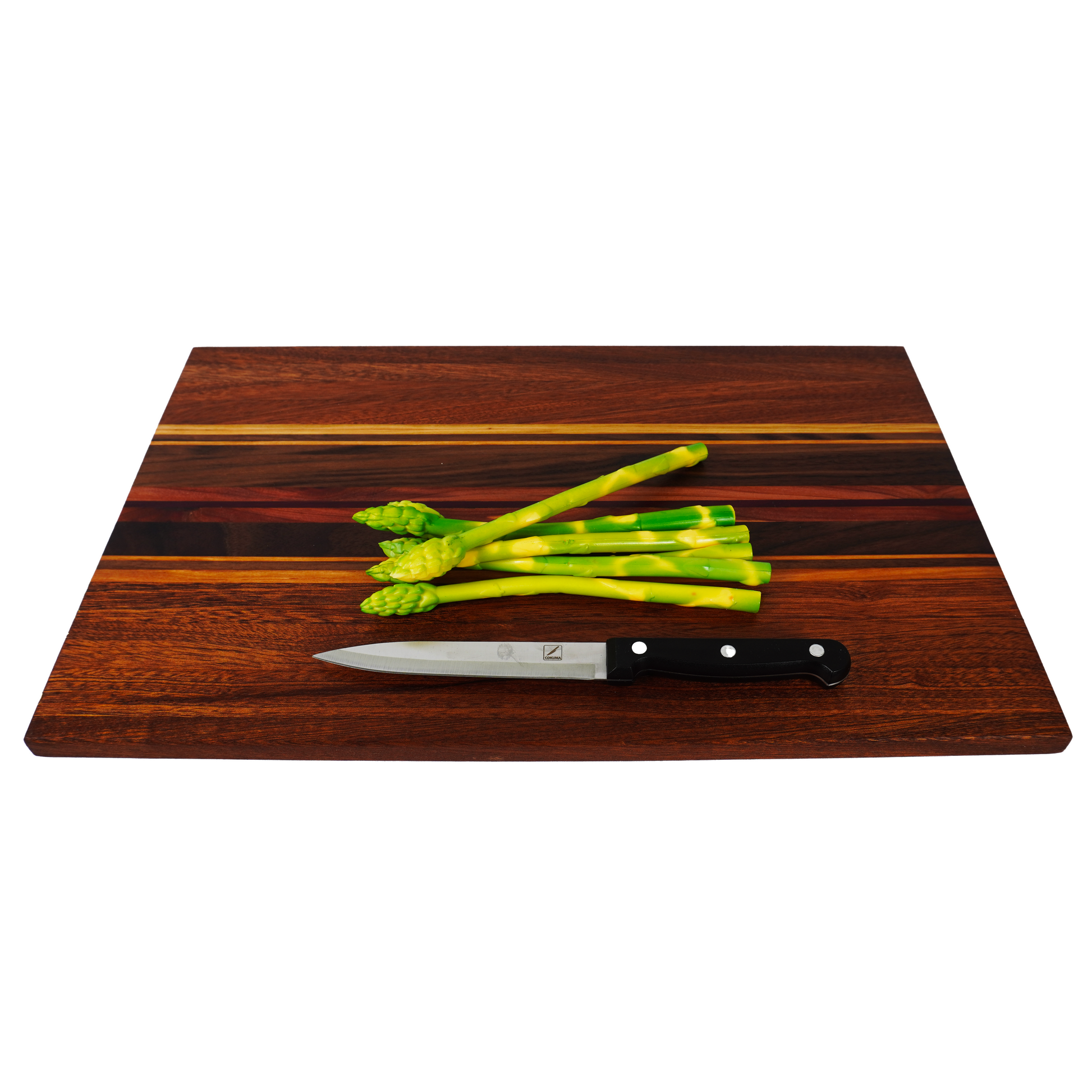 A 45-degree angle lifestyle shot of the Archive Collage 001, demonstrating the natural color and texture of an old wood plank with a professional knife and asparagus bundle for scale.
