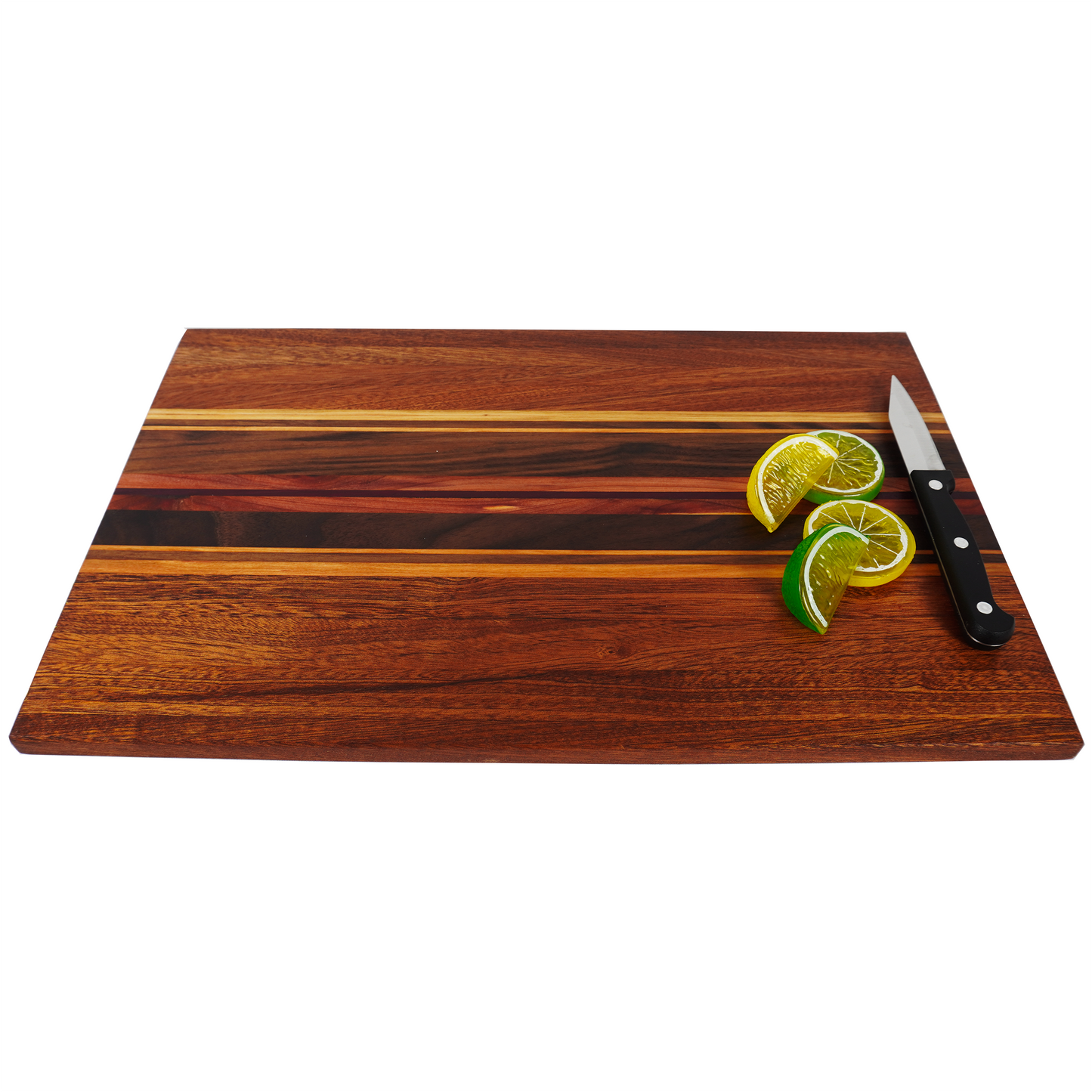 A 45-degree high-angle lifestyle shot of the Archive Collage 001, showcasing the character of old wood planks with a small paring knife and citrus wedges to establish scale and highlight the food-safe oil finish.