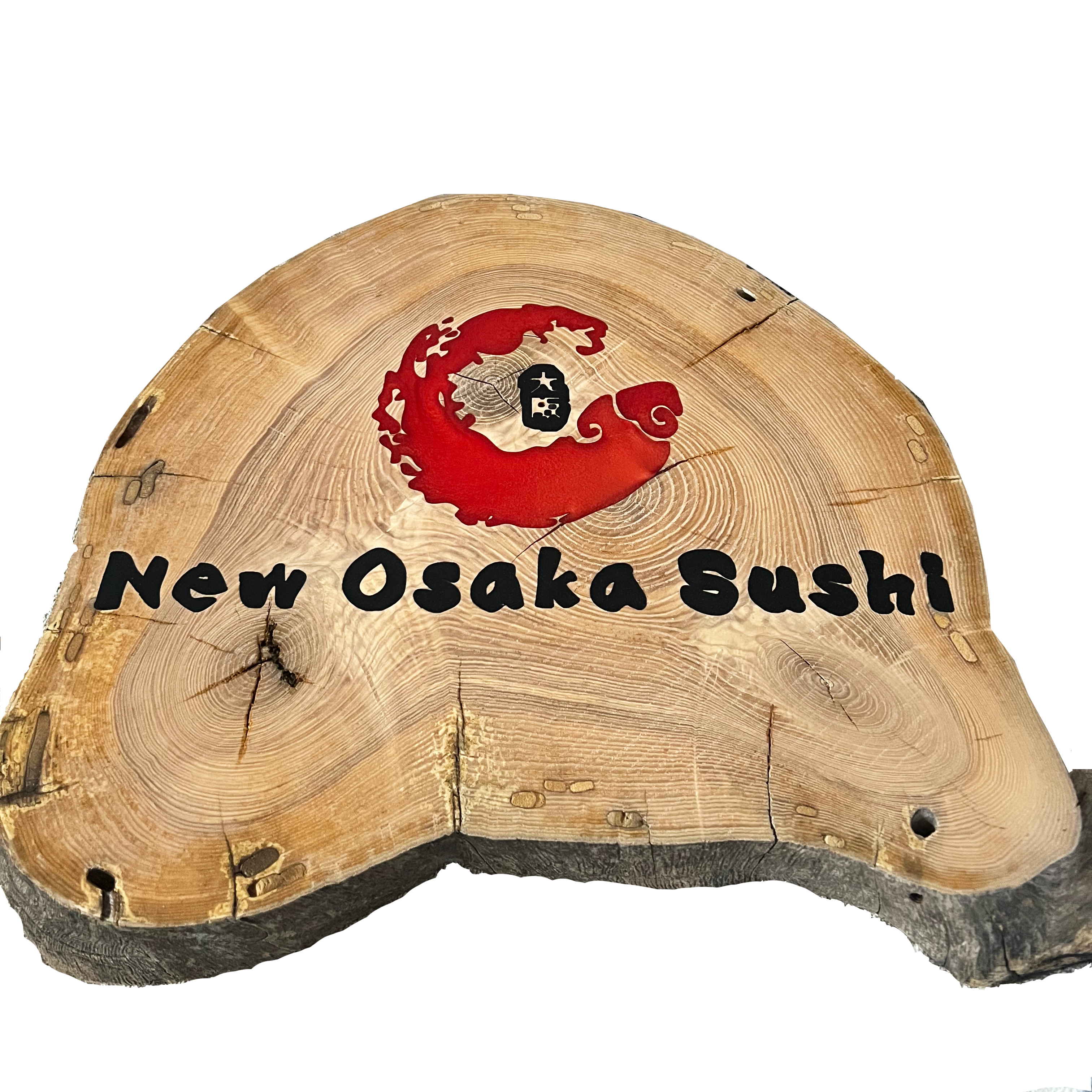 Bespoke live edge ash round featuring a vibrant colored epoxy wood inlay of the New Osaka Sushi logo, demonstrating the precision of staining wood with epoxy inlay for high-end hospitality presentation.