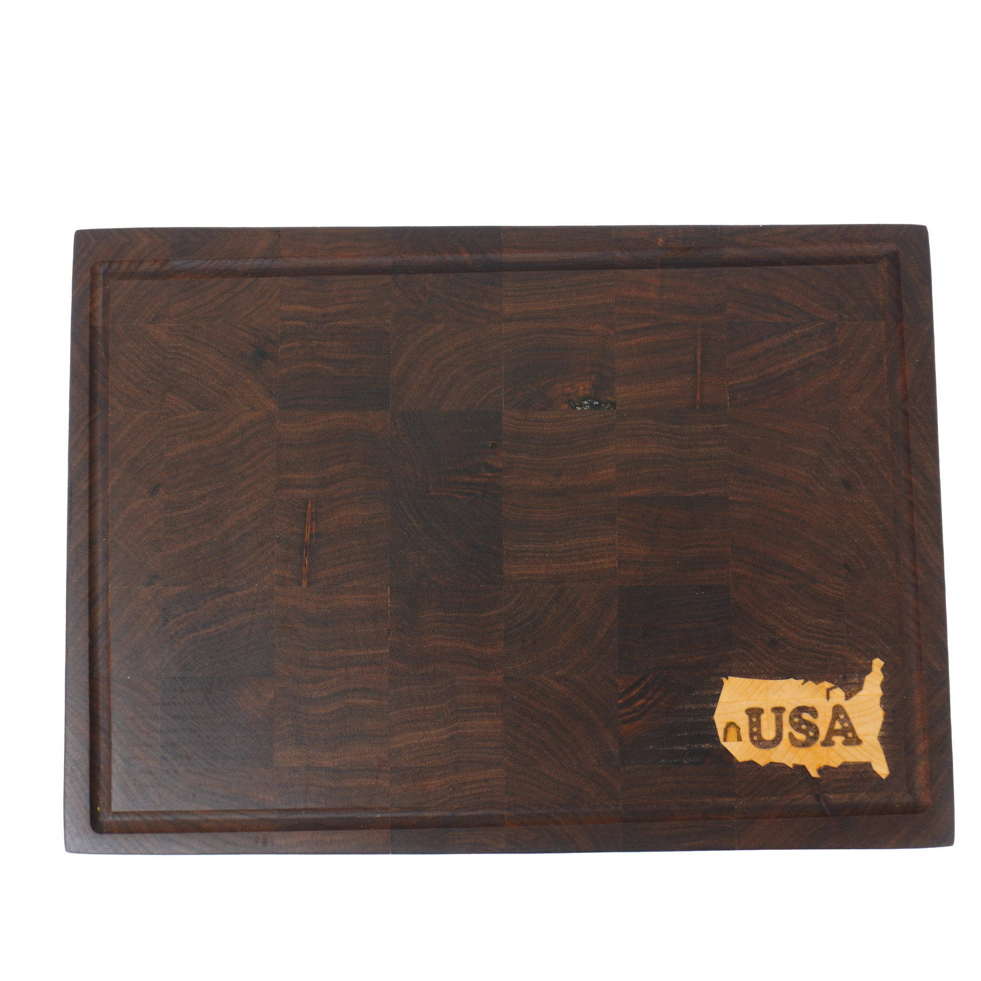 Overhead view of the Patriot Sovereign walnut end grain cutting board with US map inlay.