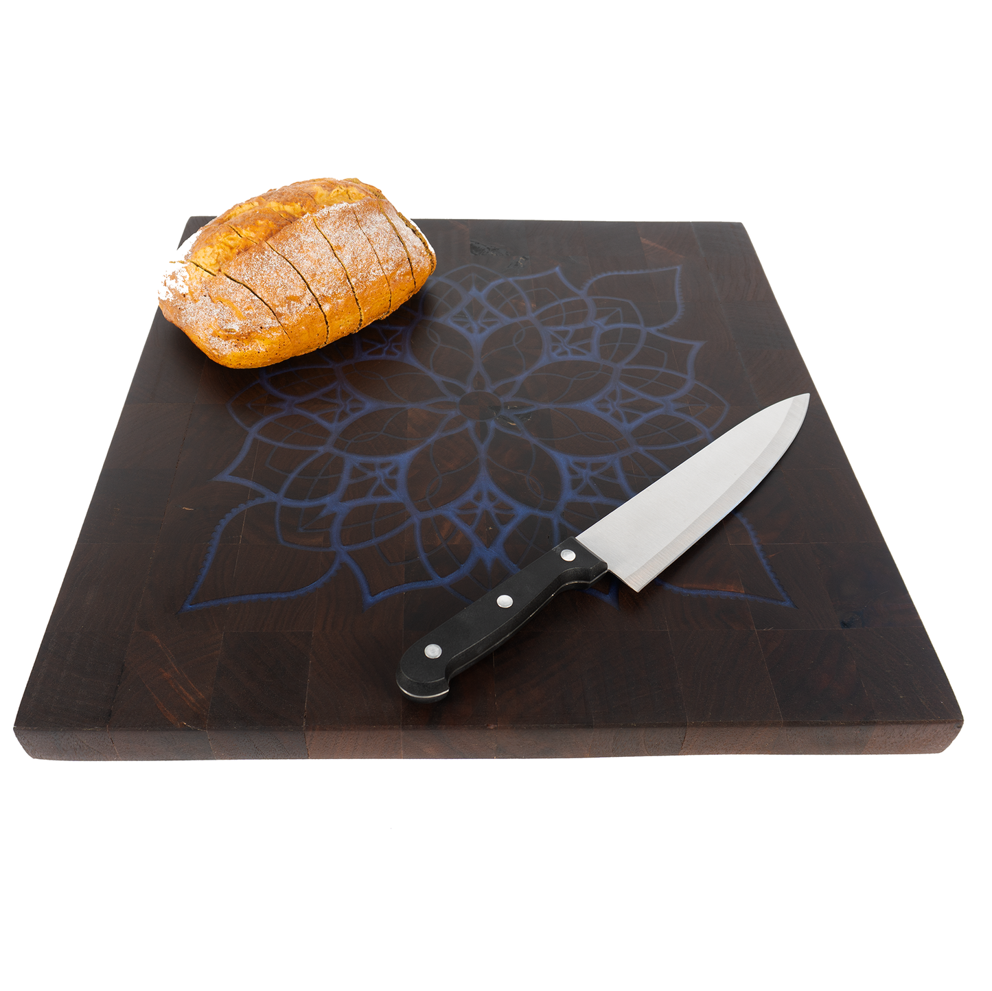 22x22 walnut end grain blue mandala inlay board with sliced bread and knife angled — Red Tail Boards