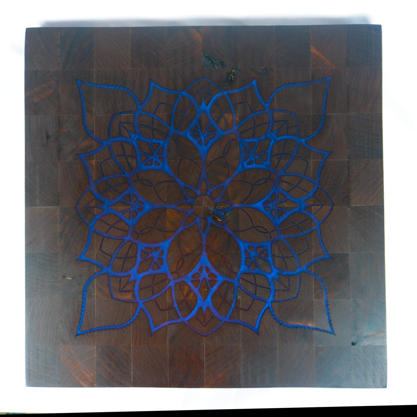 Special edition 22x22 walnut end grain cutting board blue epoxy mandala inlay top view — Red Tail Boards