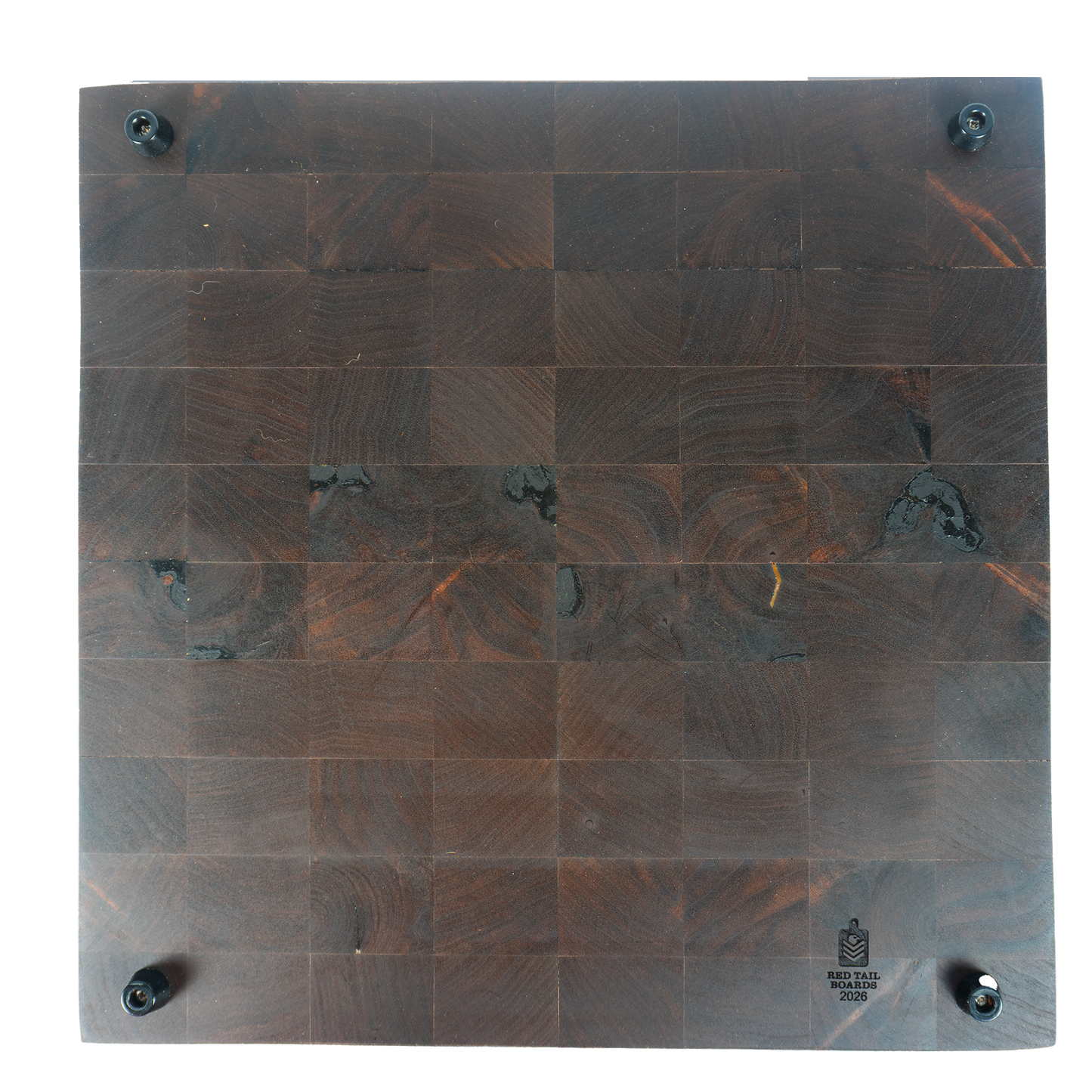 Underside of 22x22 walnut end grain cutting board blue epoxy mandala inlay — Red Tail Boards