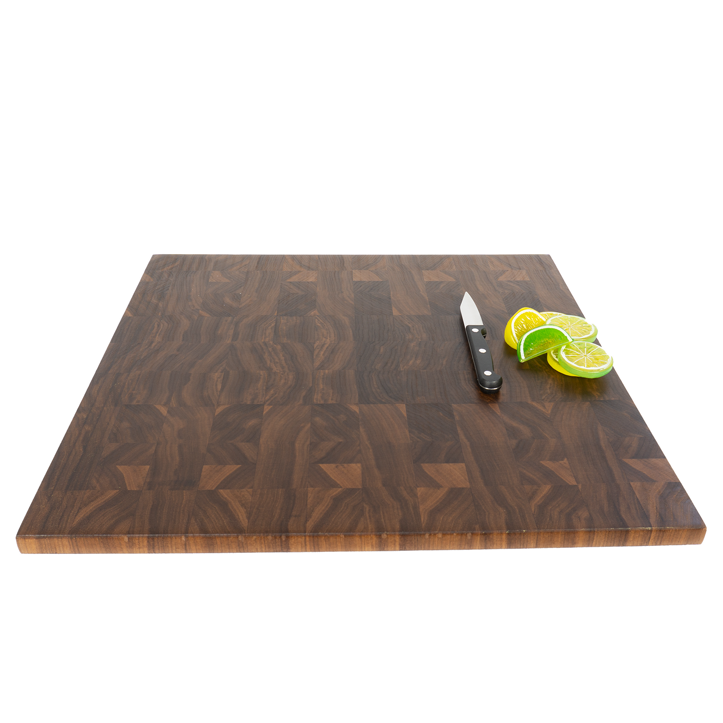 Walnut end grain charcuterie board 20x20 angled view — handmade in Elk Grove CA