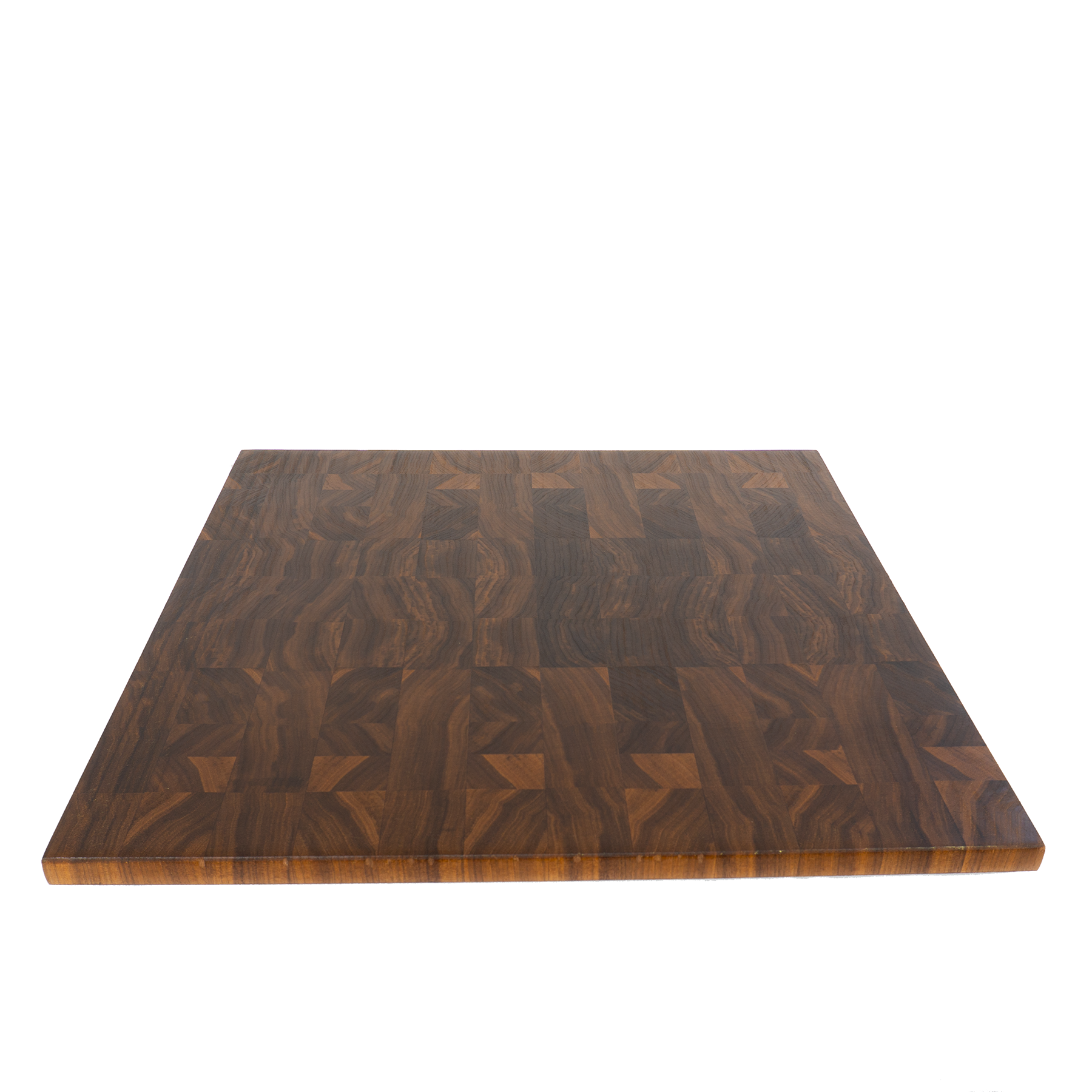 Walnut end grain charcuterie board 20x20 angled view — handmade in Elk Grove CA