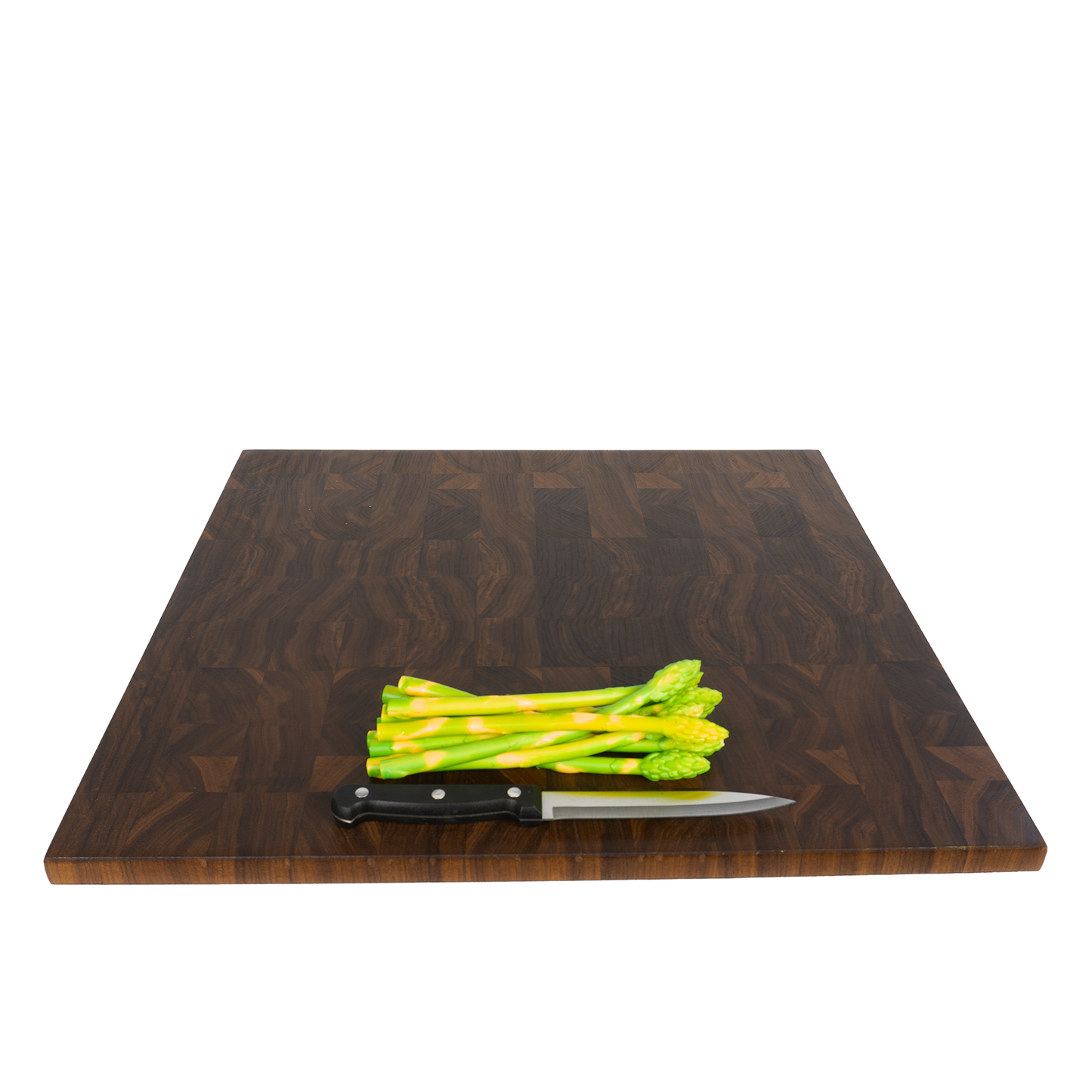 Walnut end grain cutting board with asparagus and knife top view — Red Tail Boards