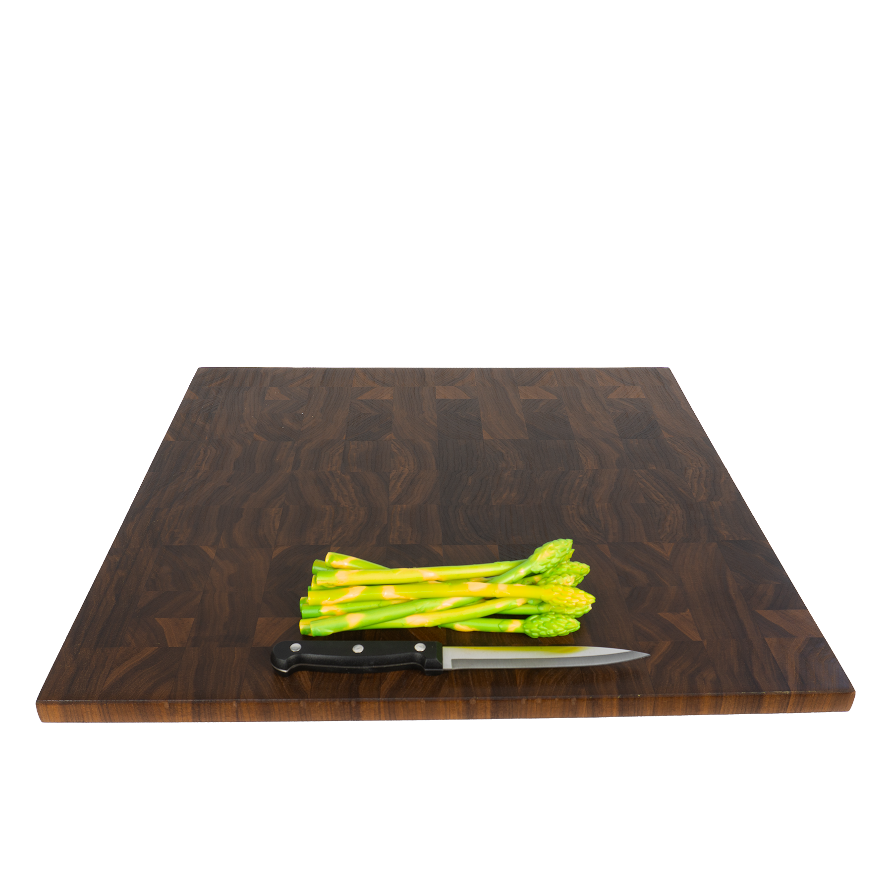 Walnut end grain cutting board with asparagus and knife top view — Red Tail Boards