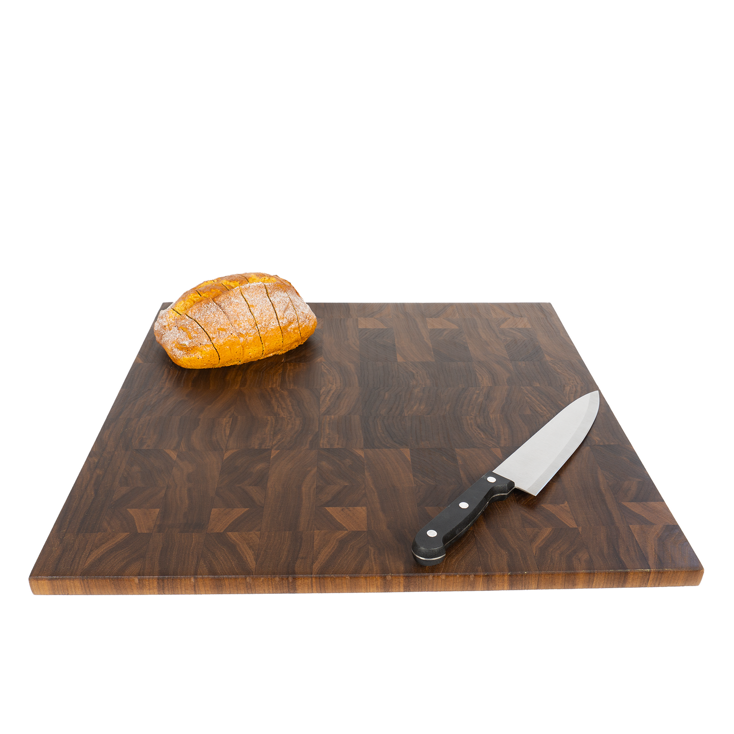 20x20 walnut end grain board with sliced bread and knife angled — Red Tail Boards